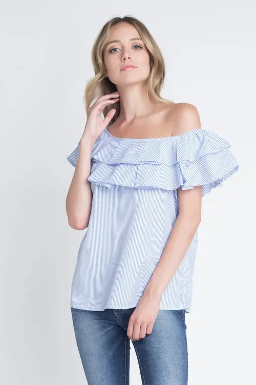 Women's Striped Off Shoulder Ruffle Stripe Blouse - Image #7