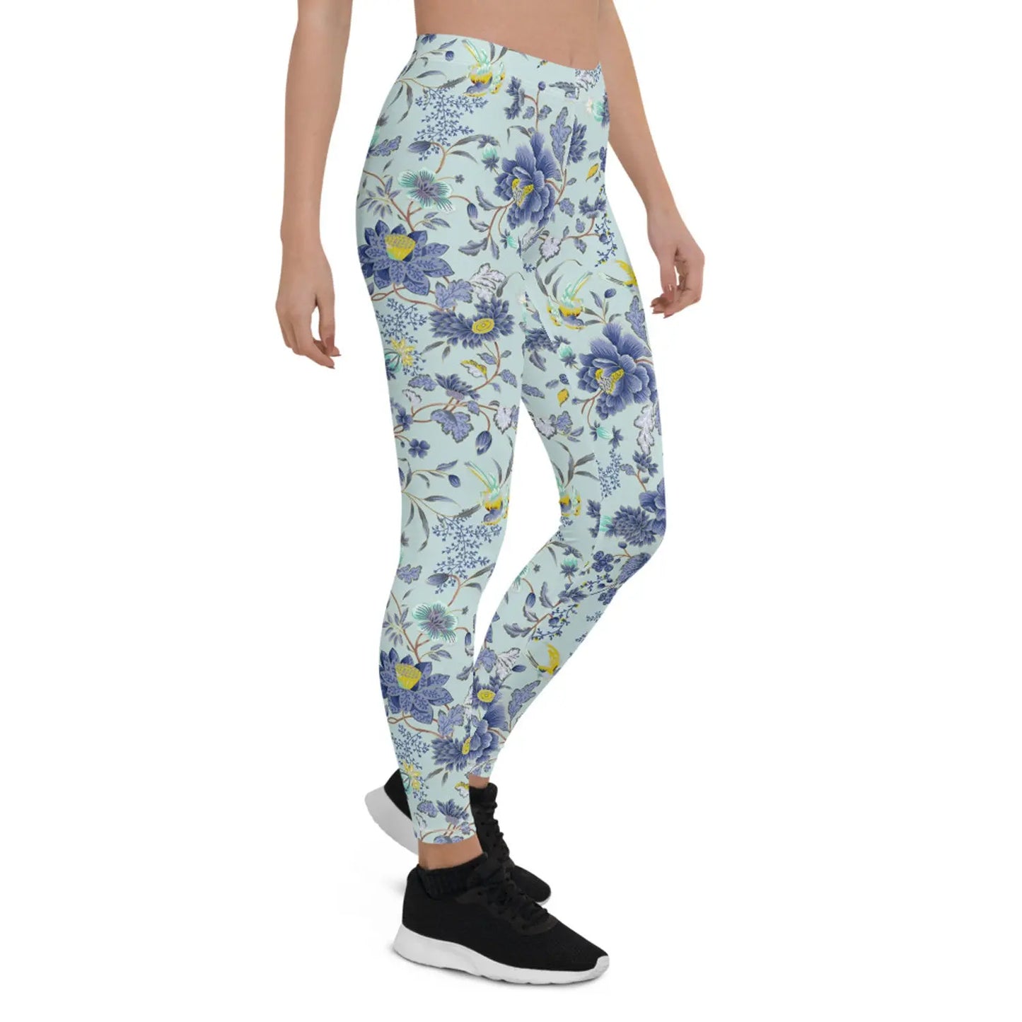 Oriental Floral Leggings on Light Blue Background - Image #2