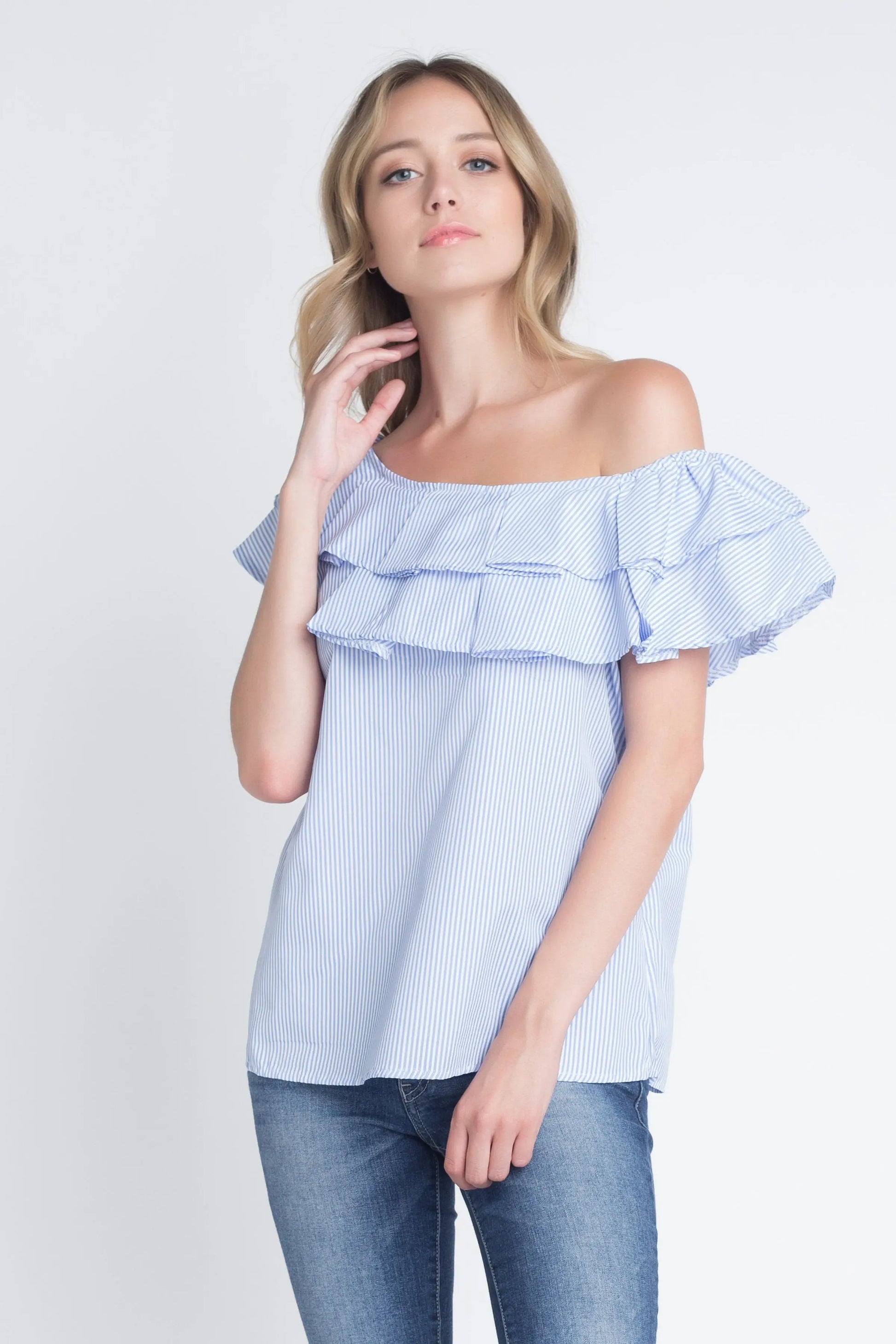 Women's Striped Off Shoulder Ruffle Stripe Blouse - Image #1