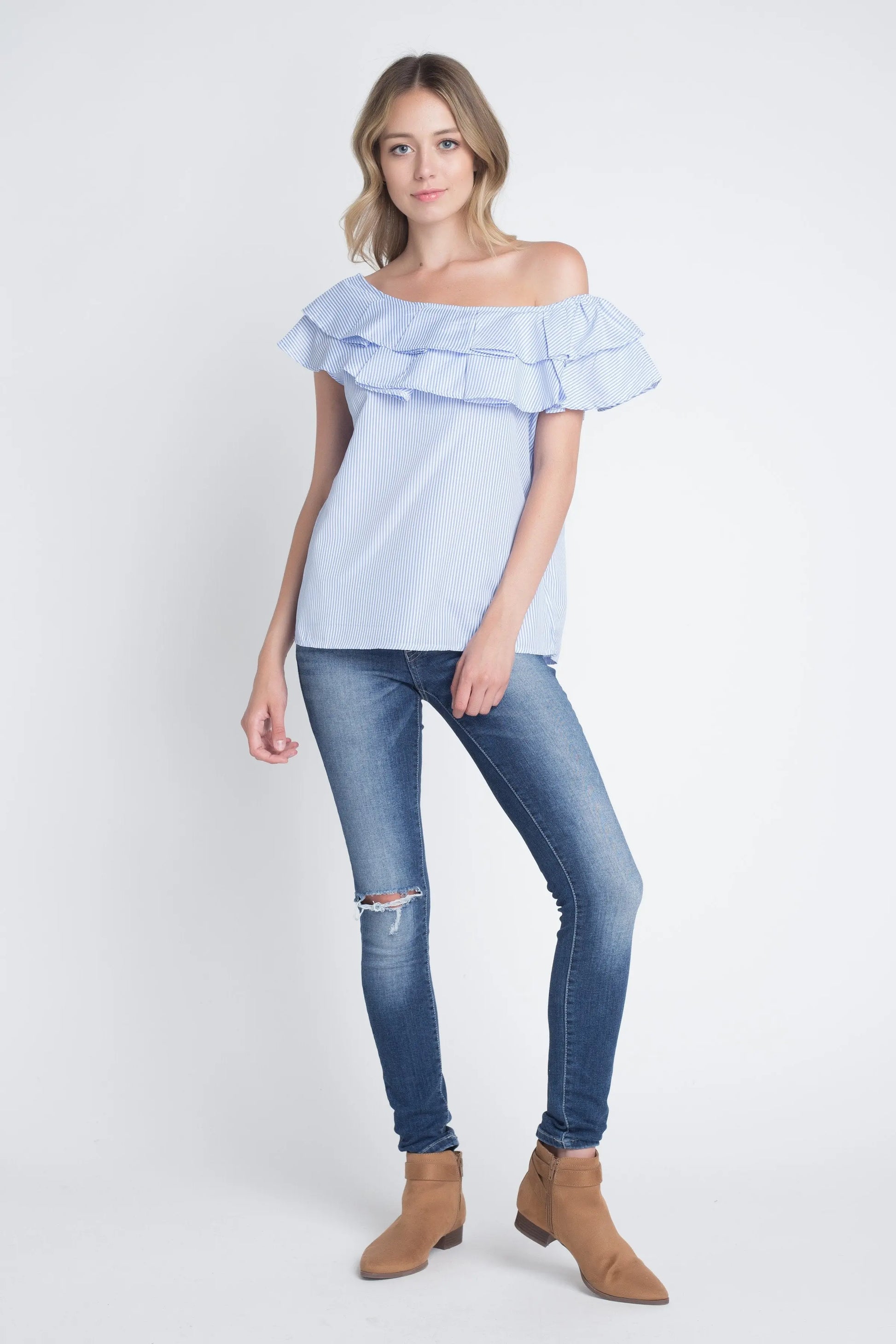 Women's Striped Off Shoulder Ruffle Stripe Blouse - Image #5