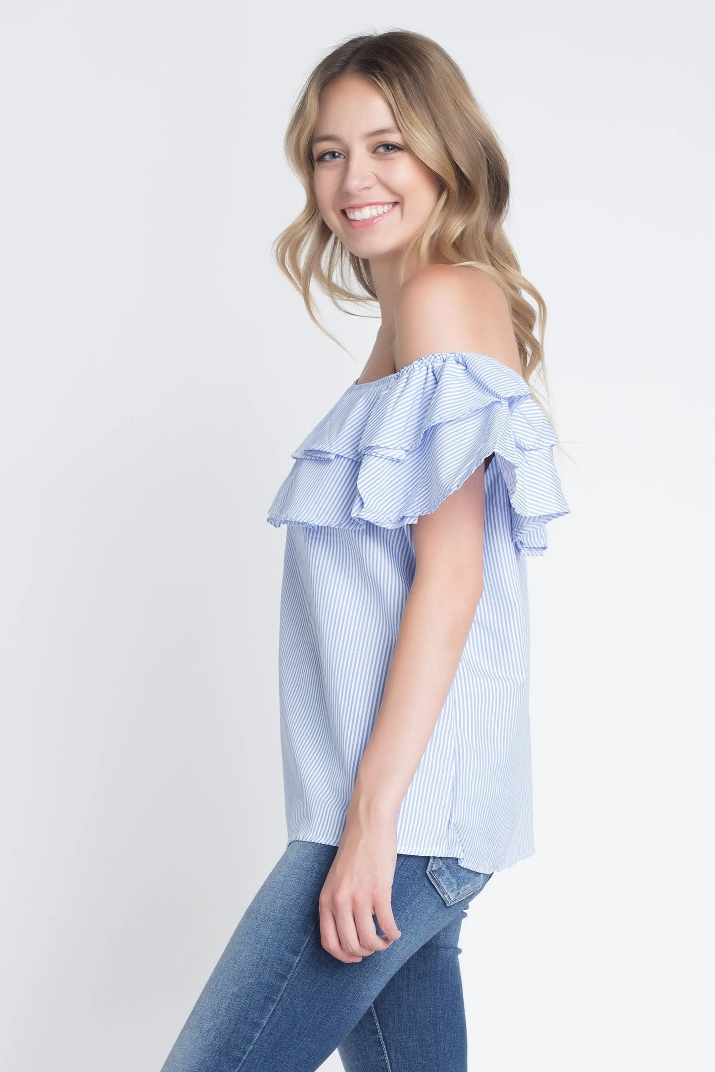 Women's Striped Off Shoulder Ruffle Stripe Blouse - Image #2