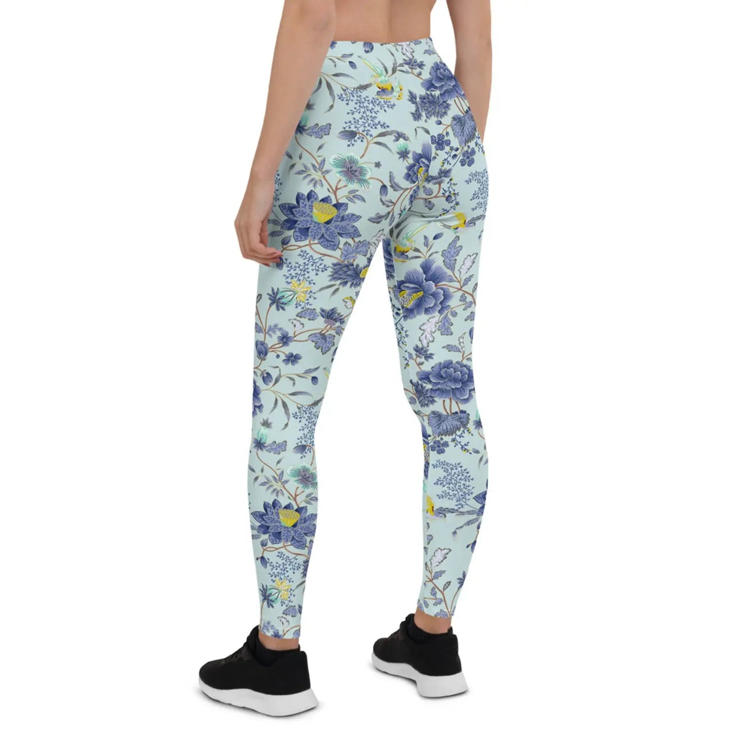 Oriental Floral Leggings on Light Blue Background - Image #3