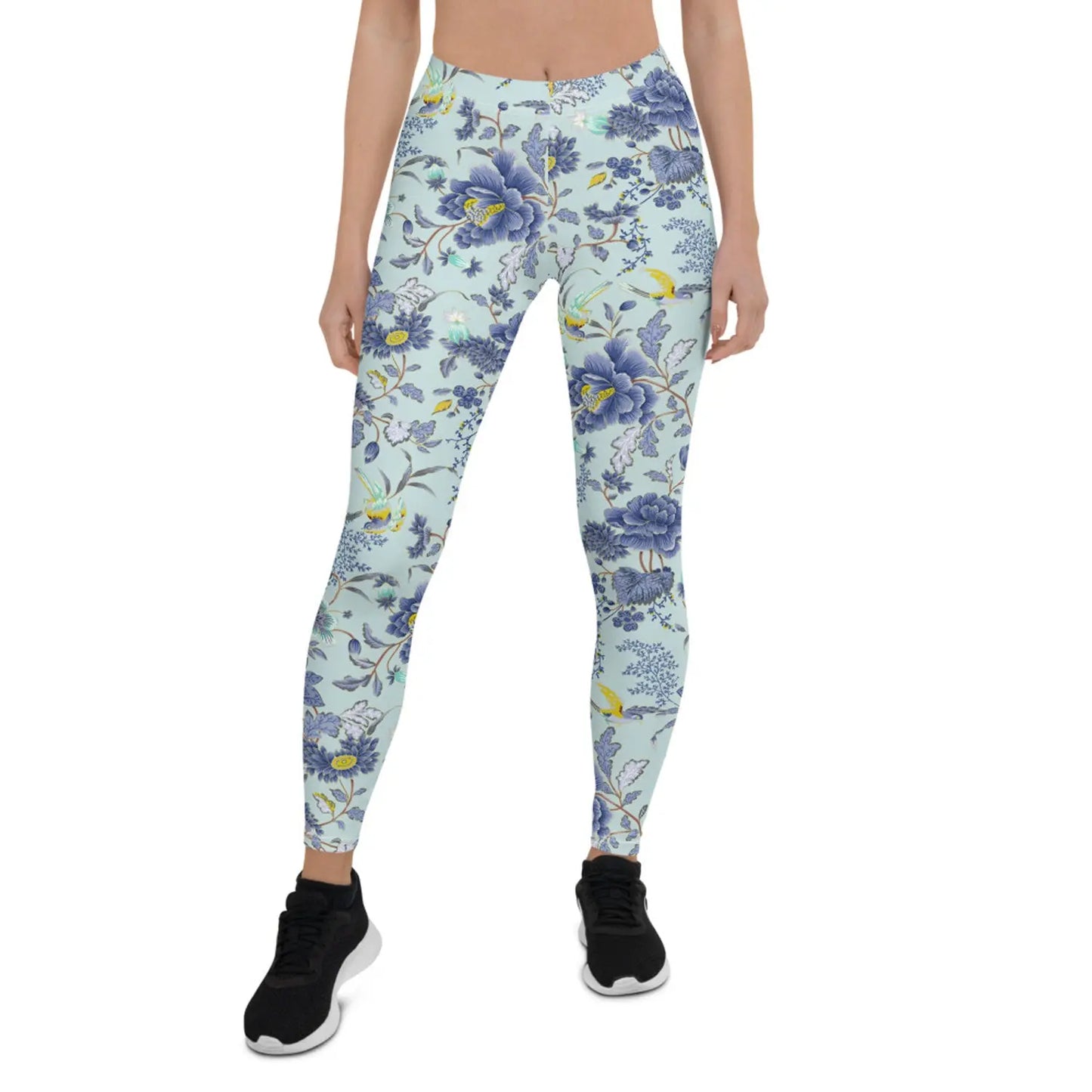 Oriental Floral Leggings on Light Blue Background - Image #1