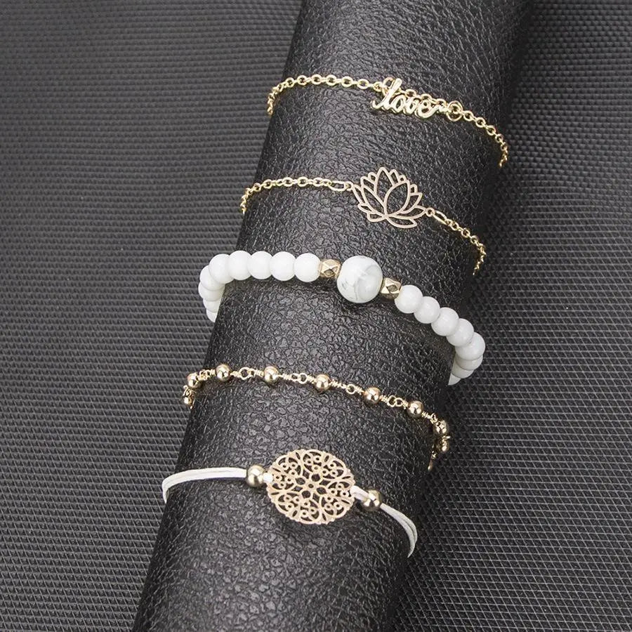 Arcoris White Marble Filigree Pendant & Love 5 Piece Bracelet Set - Image #4