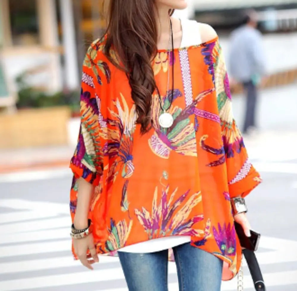 Womens Loose Fit Tropical Print Chiffon Tunic Top - Image #3