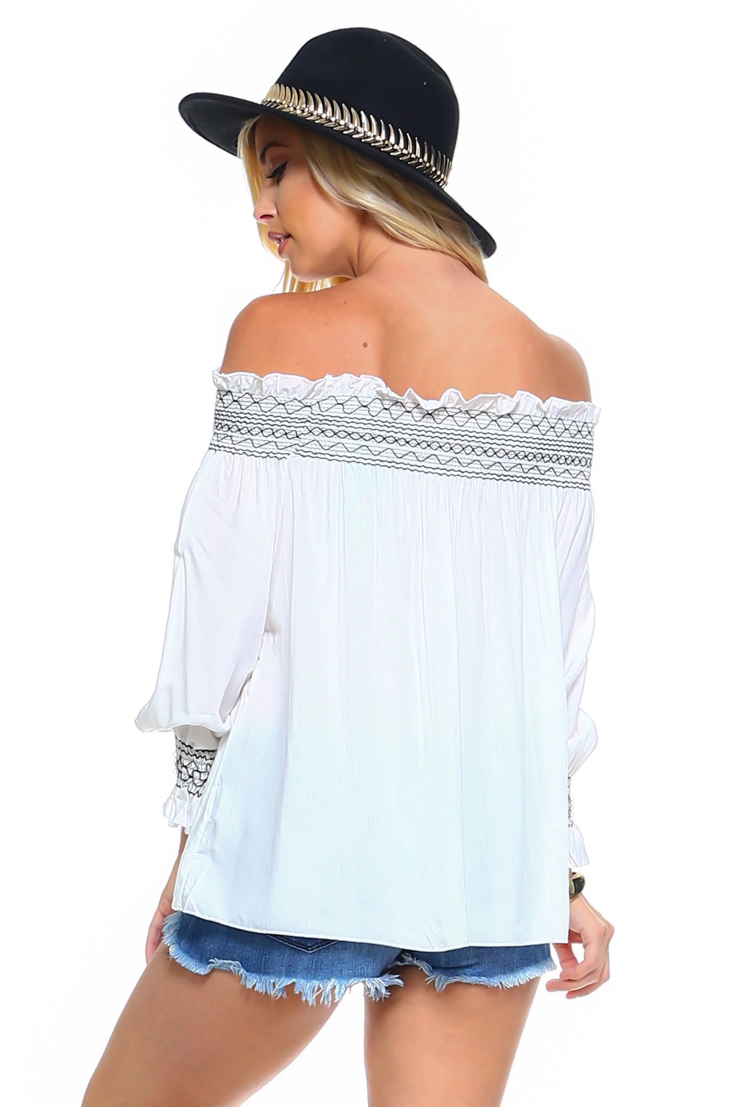 Women's Off Shoulder Stripe Smocked Elastic Top - Image #3