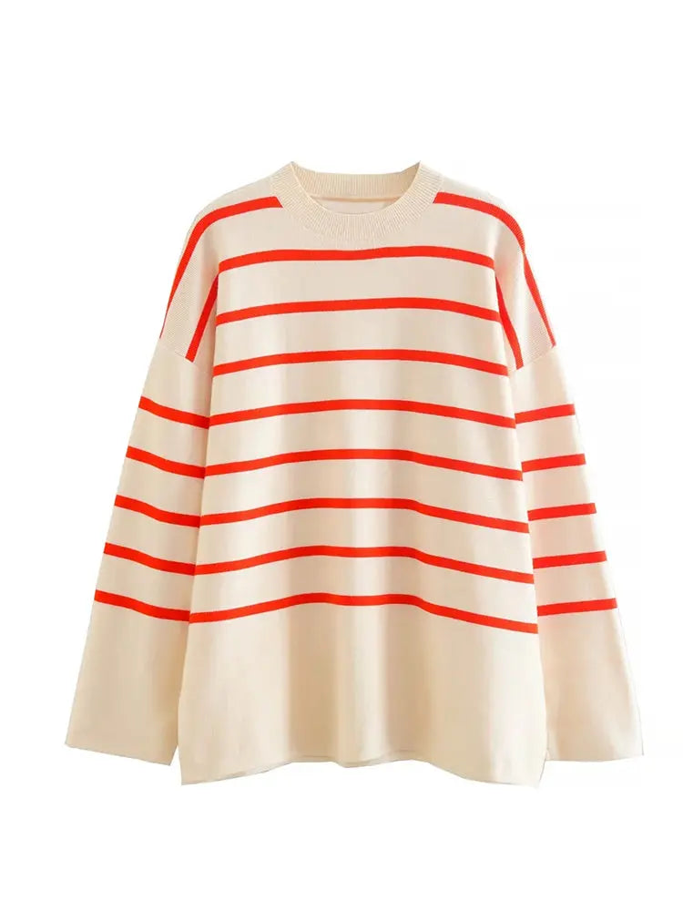 Side Slit Striped Beige Casual Knitted Pullovers Sweater - Image #2