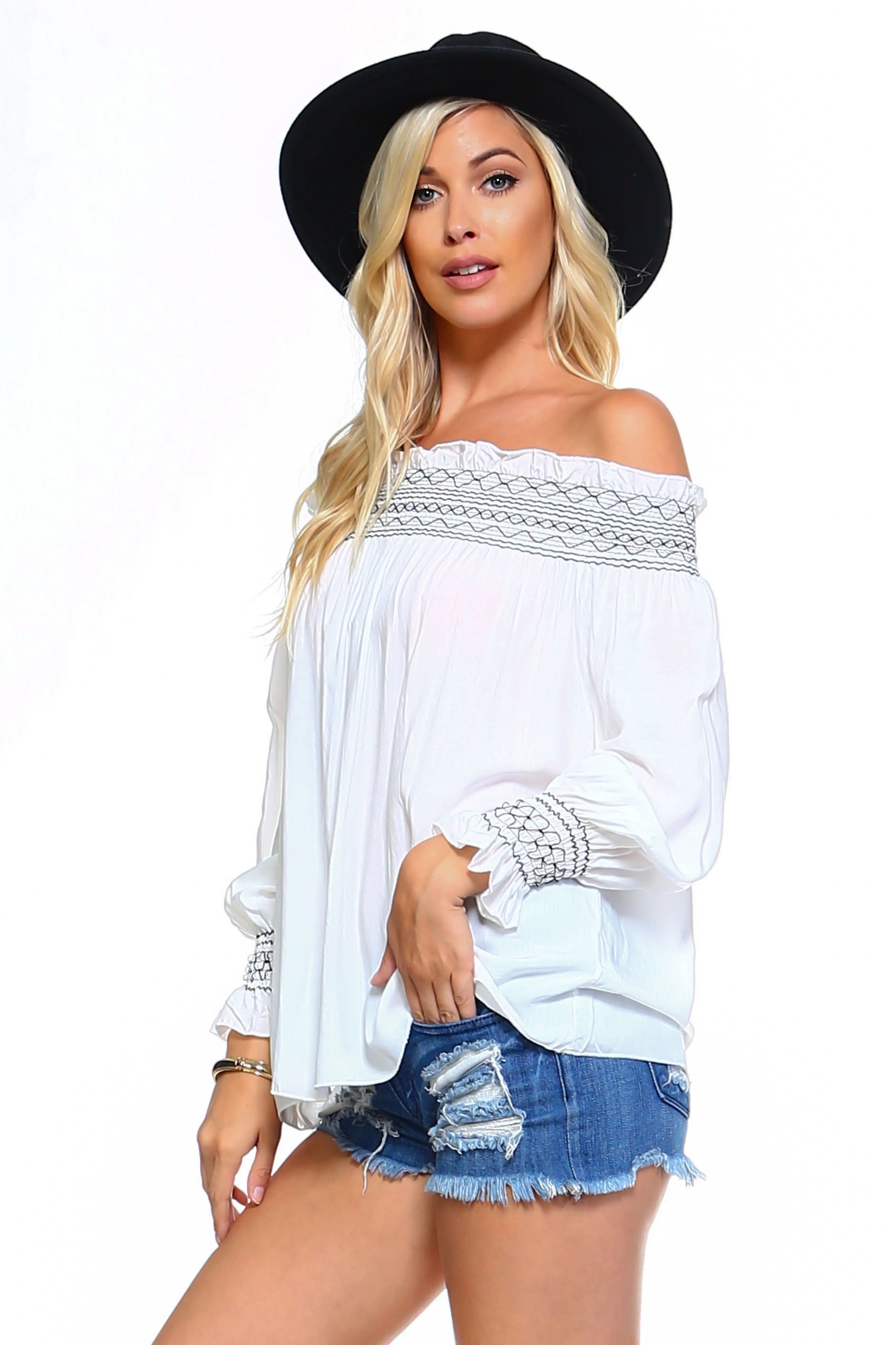 Women's Off Shoulder Stripe Smocked Elastic Top - Image #1