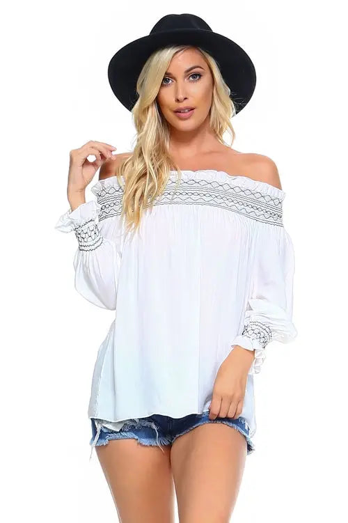 Women's Off Shoulder Stripe Smocked Elastic Top - Image #3