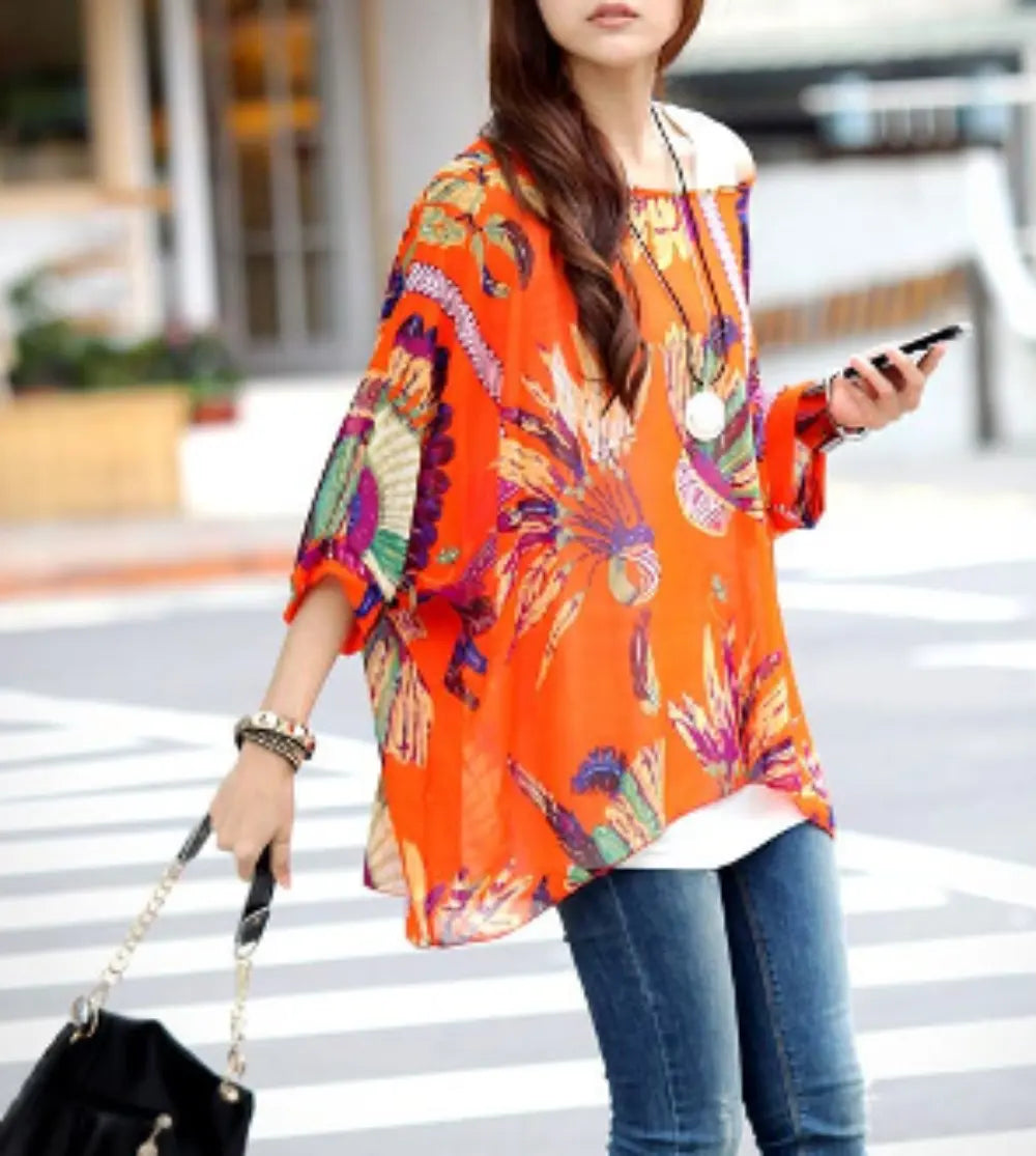 Womens Loose Fit Tropical Print Chiffon Tunic Top - Image #1