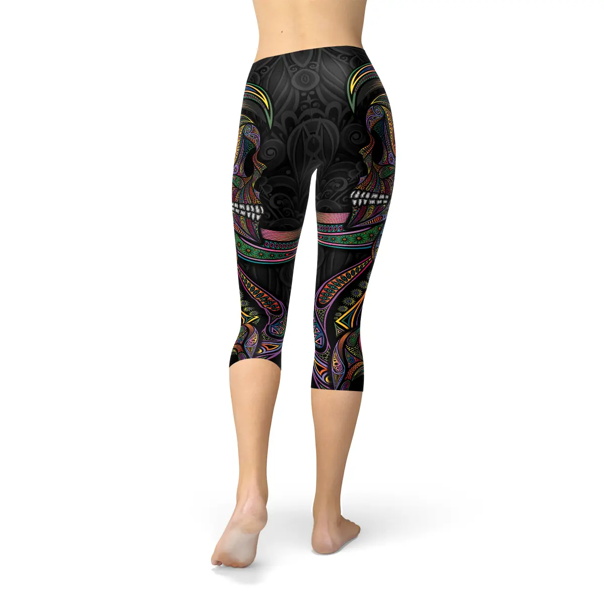 Womens Sugar Skull Capri Leggings - Image #4