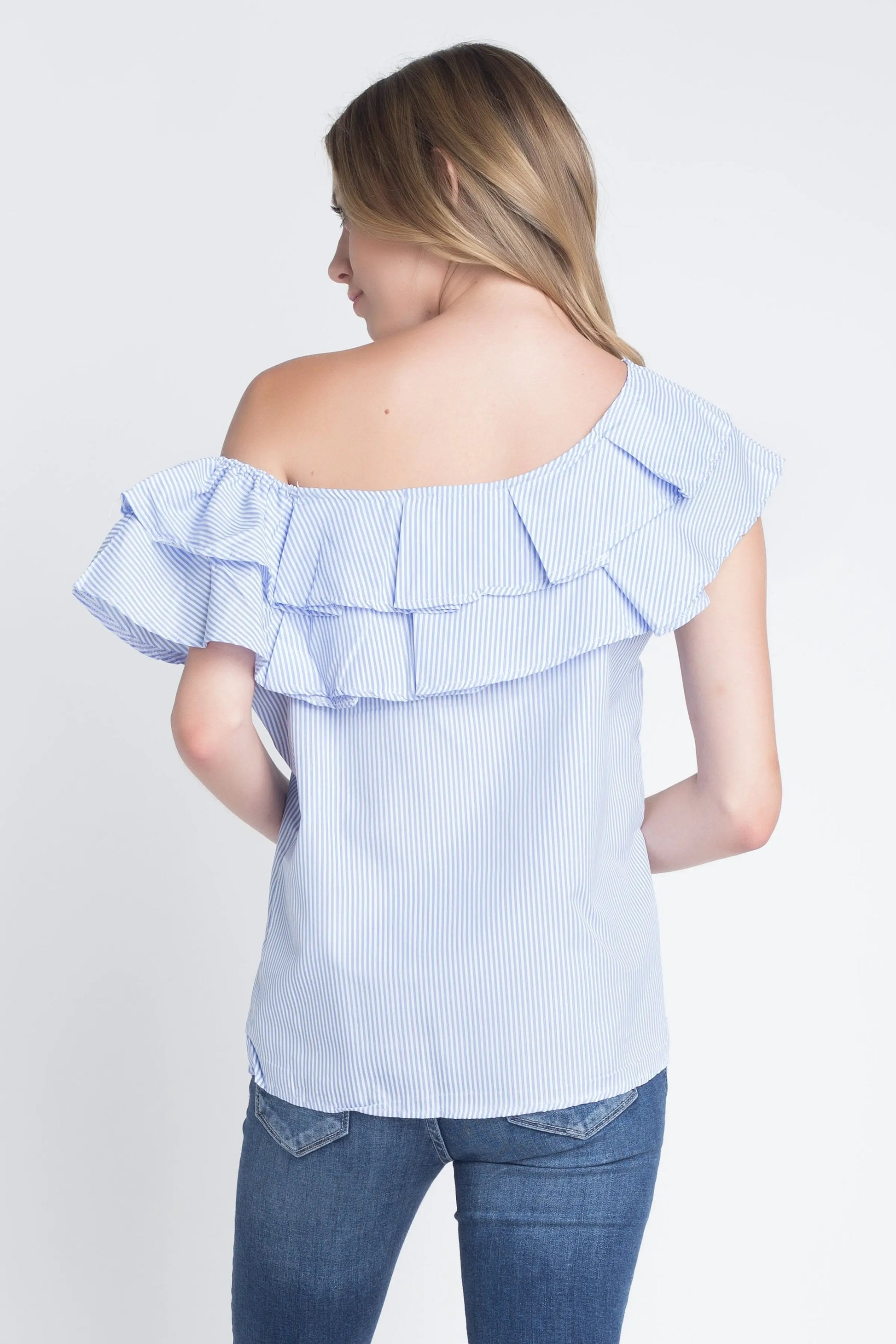 Women's Striped Off Shoulder Ruffle Stripe Blouse - Image #4