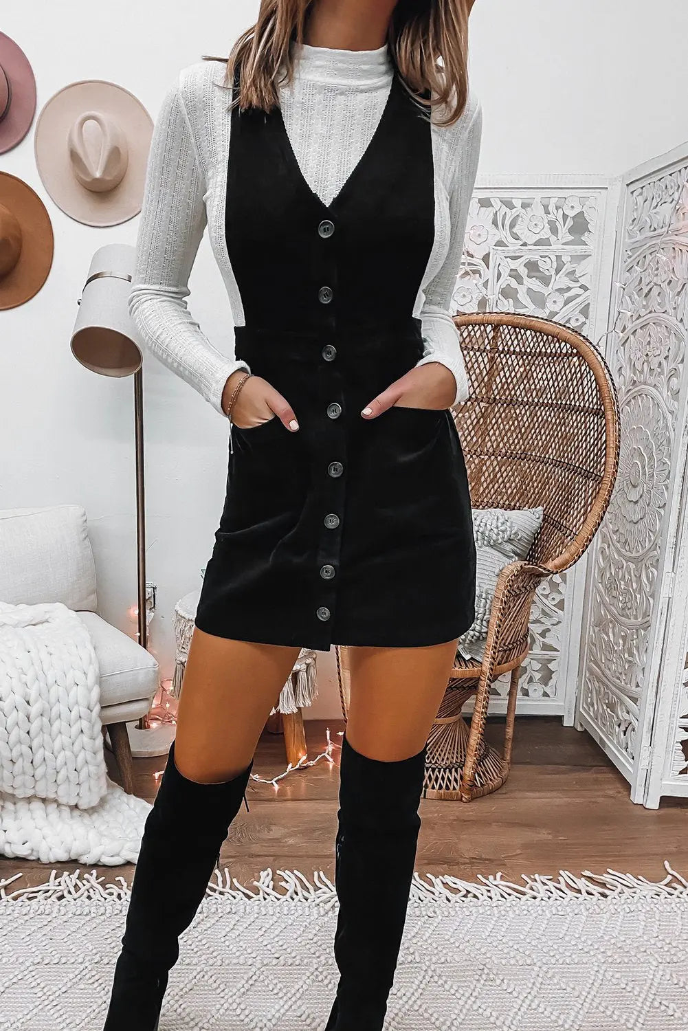 Corduroy Overall Sleeveless Mini Dress with Pockets - Image #4