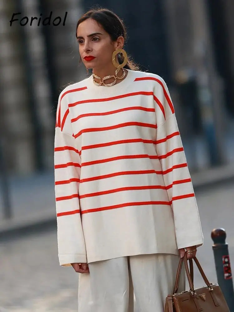 Side Slit Striped Beige Casual Knitted Pullovers Sweater - Image #1