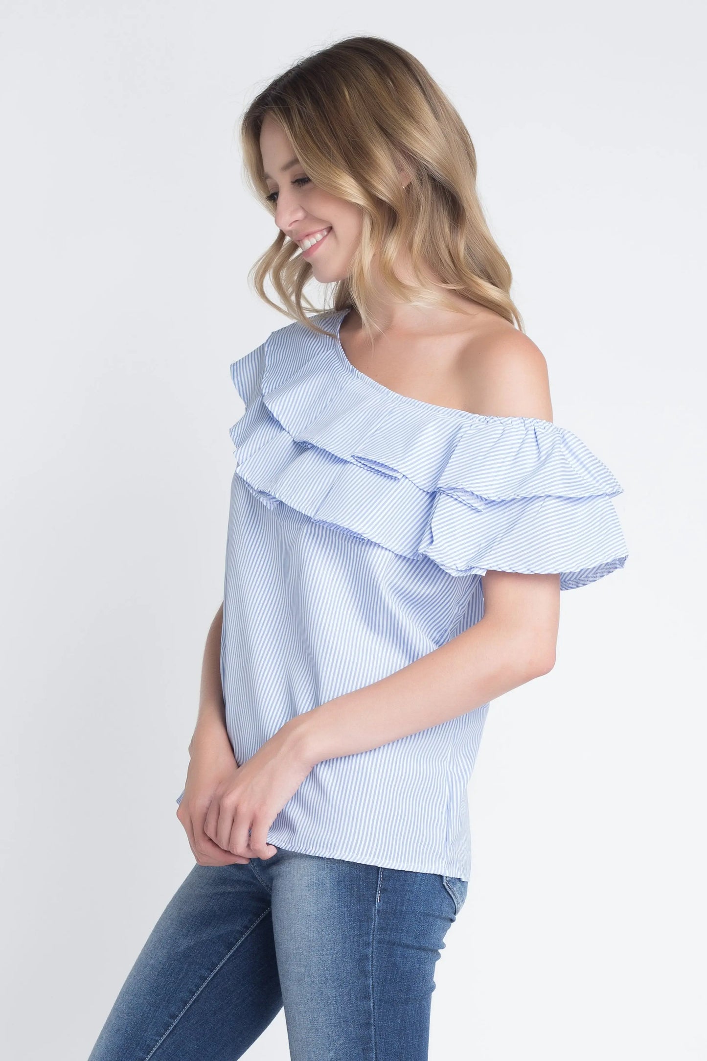 Women's Striped Off Shoulder Ruffle Stripe Blouse - Image #3