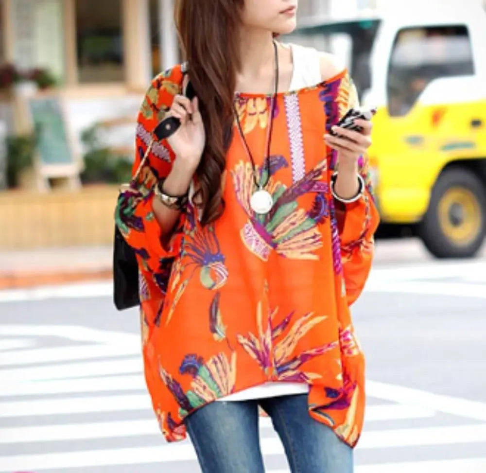 Womens Loose Fit Tropical Print Chiffon Tunic Top - Image #2