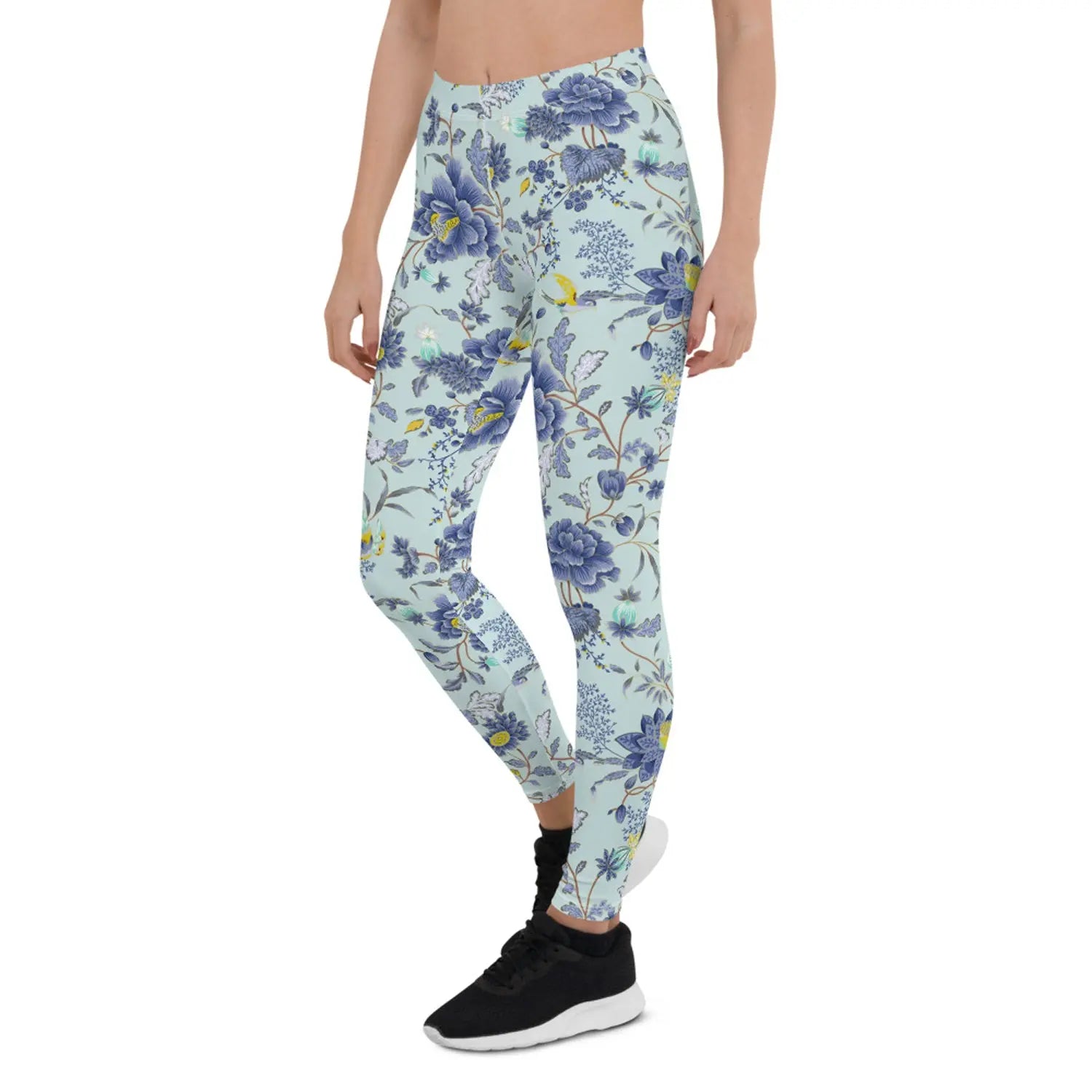 Oriental Floral Leggings on Light Blue Background - Image #4