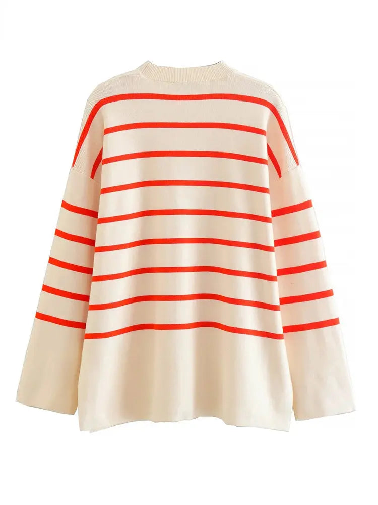 Side Slit Striped Beige Casual Knitted Pullovers Sweater - Image #3